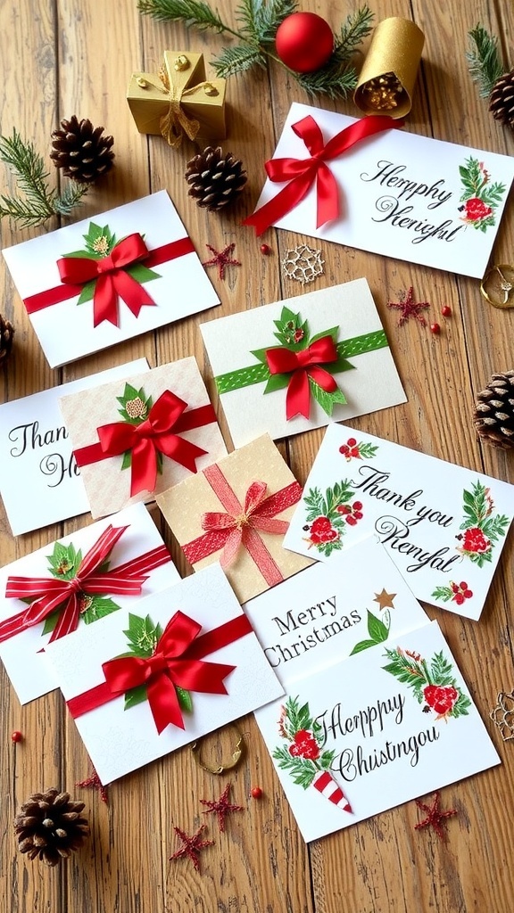 Handmade Christmas thank you cards with festive designs on a wooden table.
